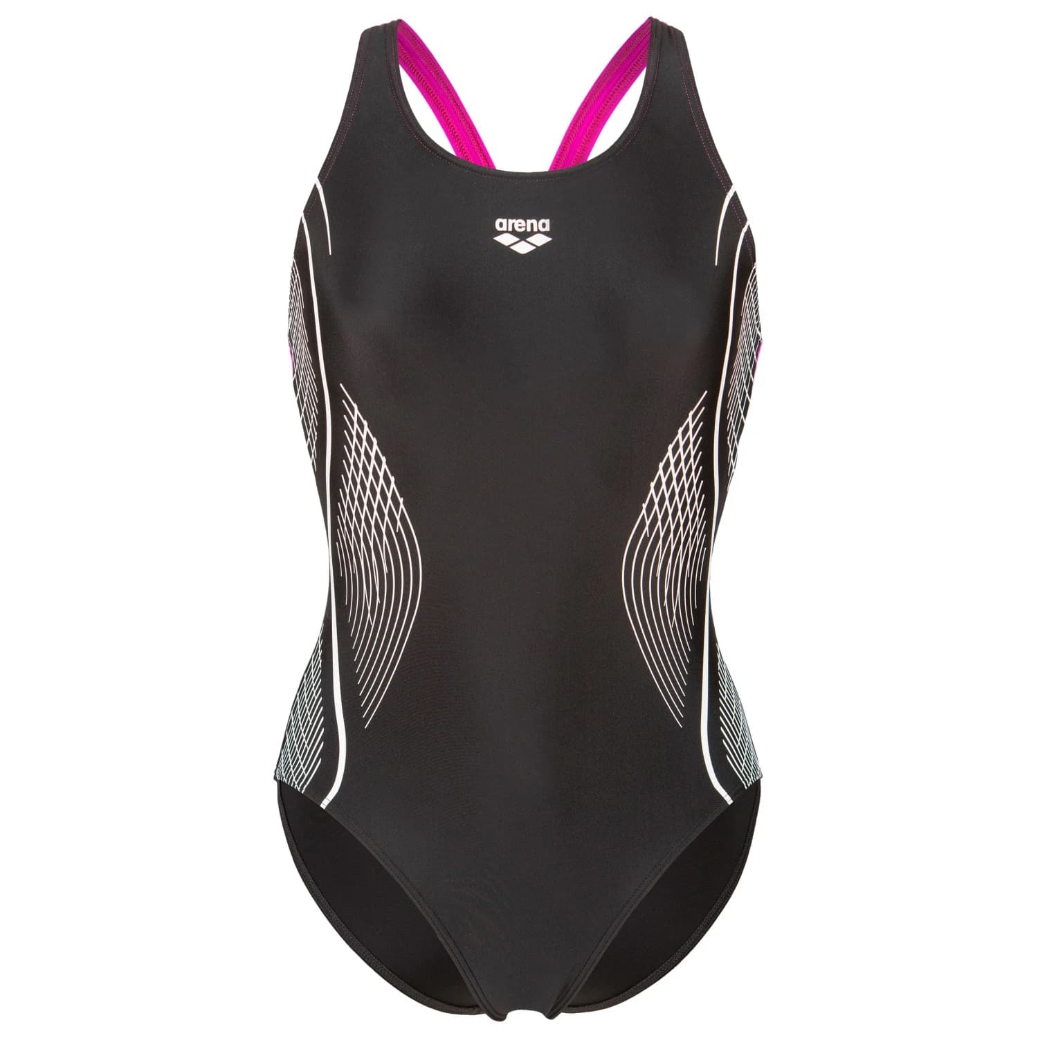 Дамски бански костюм Arena Women's Grid Swimsuit V Back Graphic Swimsuit - Black / Very Fuchsia