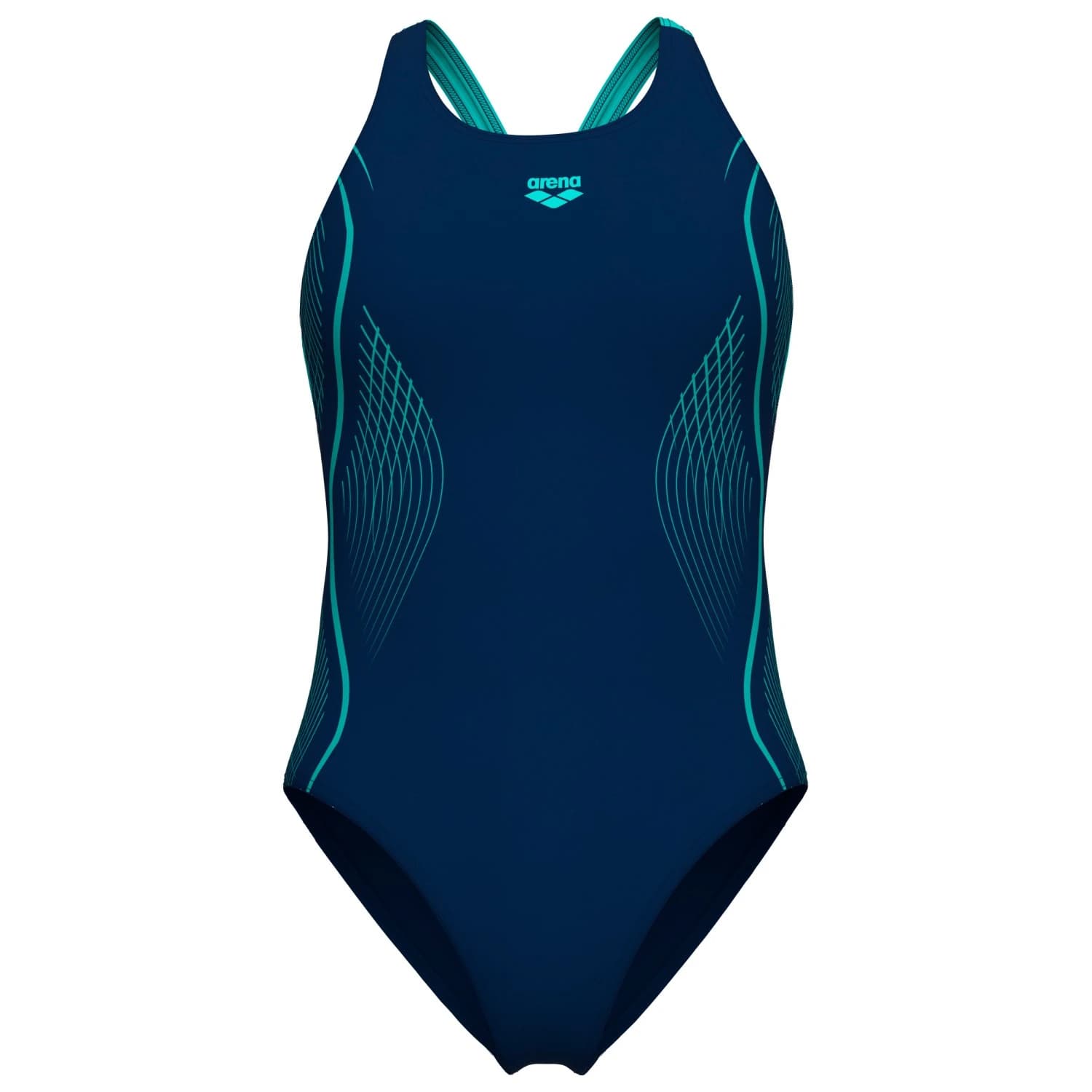 Дамски бански костюм Arena Women's Grid Swimsuit V Back Graphic Swimsuit - Navy / Water