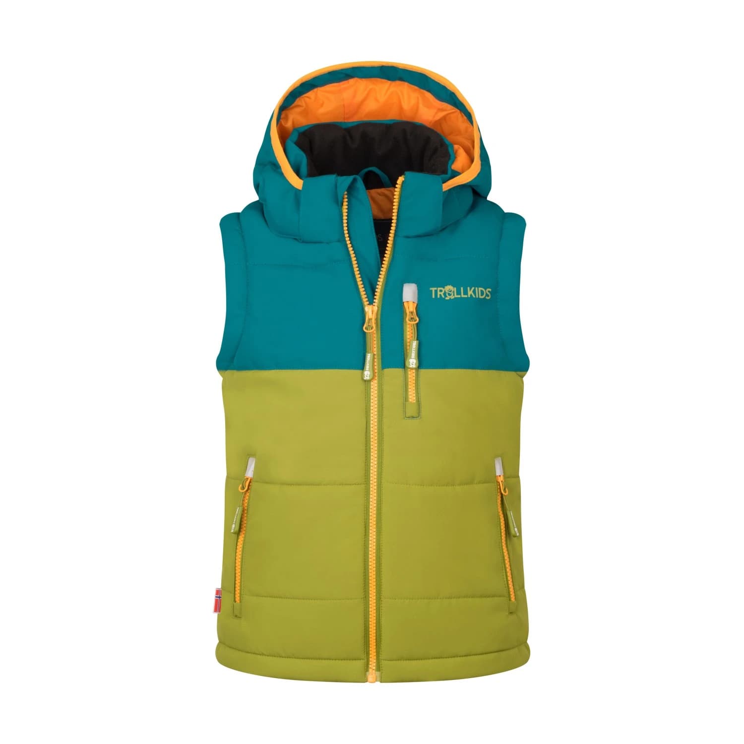 Детски синтетичен елек Trollkids Kid's Narvik Vest XT Synthetic vest - Pear Green / Lagoon Green / Sahara Sunset
