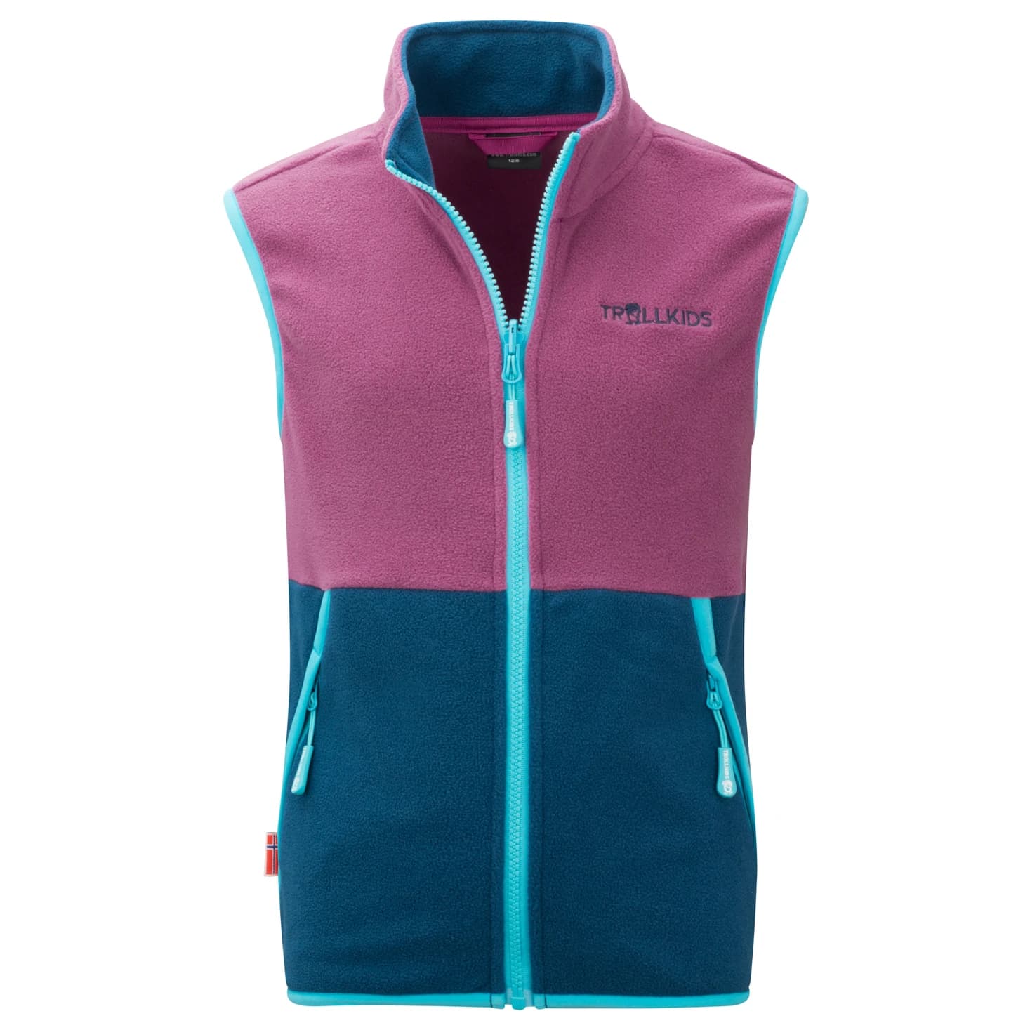 Детски поларен елек Trollkids Kid's Kjerag Vest Fleece vest - Bright Berry / Madeira Blue / Lagoon Blue