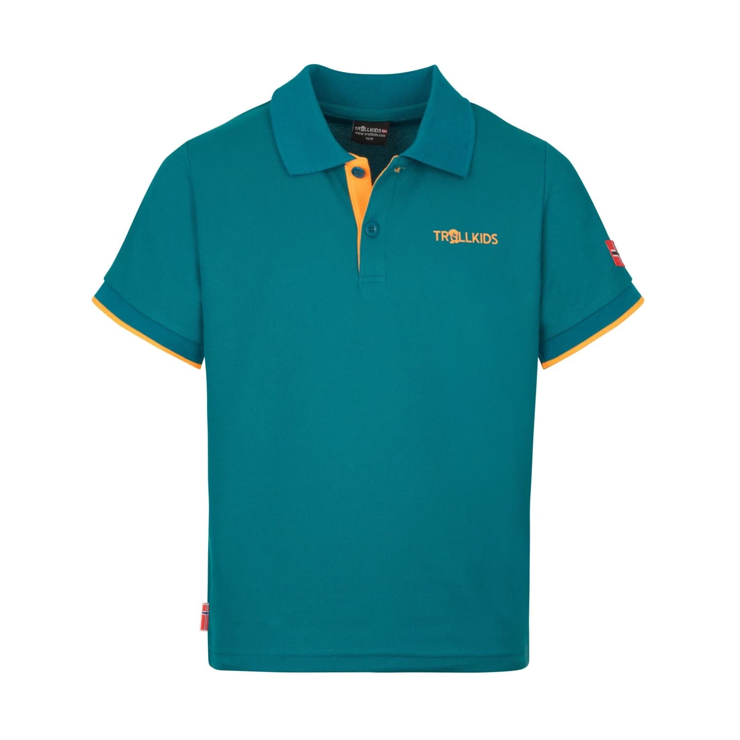 Детска поло тениска Trollkids Kid's Bergen Polo XT Polo shirt - Lagoon Green / Sahara Sunset