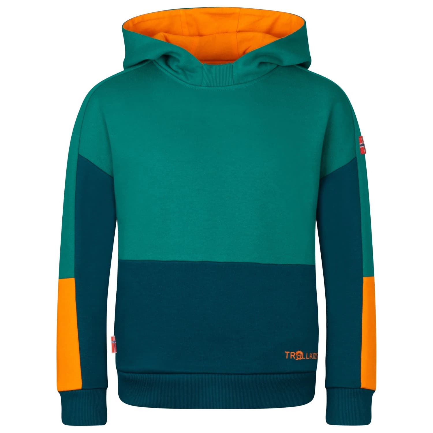 Детски суичър Trollkids Kid's Rondane Sweater Hoodie - Lagoon Green / Sea Green / Sahara Sunset